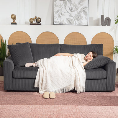 HOMCOM Modern 3 Seater Sofa with Spring Cushion, 212 cm Fabric Jumbo Cord Sofa Couch with 2 Scatter Cushions, Upholstered Corduroy Settee for Living Room, Bedroom, Home Office, Grey 