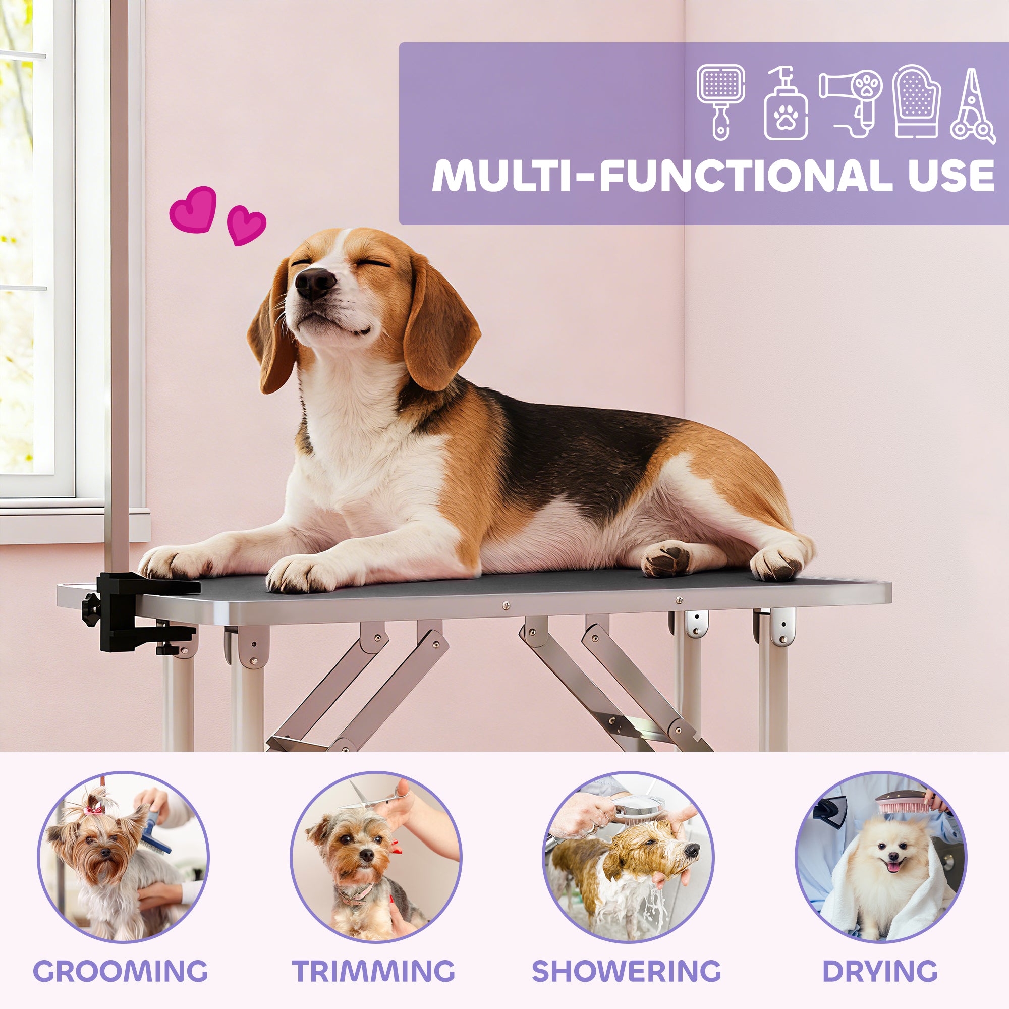 PawHut 32" Foldable Dog Grooming Table Pet Drying Beauty Table Adjustable Fixed Arm Rubber Top, Black 