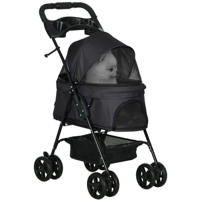 PawHut Dog Pram Dog Stroller Foldable Pet Pushchair with 4 Wheels, Safety Leashes, Cup Holder for Small Dogs, Black 
