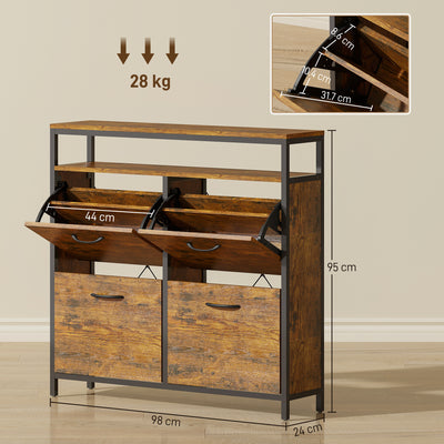 HOMCOM Shoe Storage Cabinet with 4 Flip Drawers and Open Shelf - Rustic Brown 