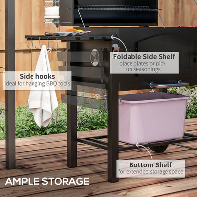 Outsunny Charcoal Barbecue Grill Trolley Garden Smoker with Shelves, Adjustable Height, Thermometer on Lid, Opener and Wheels 