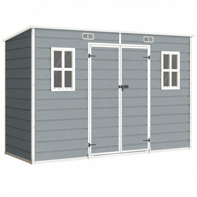 Outsunny 10 x 4 ft Resin Garden Shed, Outdoor Storage Shed with Floor, Windows, Lockable Doors and Vents, Grey 