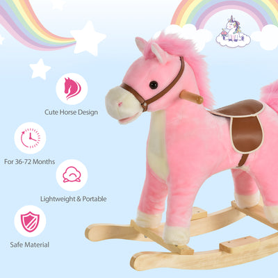 HOMCOM Kids Plush Rocking Horse w/ Sound Moving Mouth Wagging Tail Children Rocker Ride On Toy Gift 3-6 Years Pink 