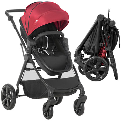 HOMCOM Foldable Baby Stoller, with Reclining Backrest, Adjustable Canopy, for Ages 0-36 Months - Red 