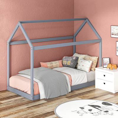 HOMCOM Single Bed Frame, House Scandinavian Style Wooden Bed Frame for 90W x 190Dcm Mattress, Pine Wood Bed Base, Grey 