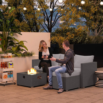 Outsunny Five Piece Rattan Garden Furniture Set with Gas Fire Pit Table and Footstool - Grey 