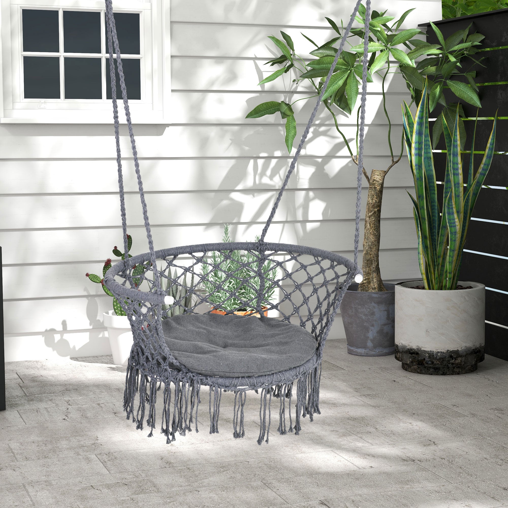 Outsunny Outdoor Hanging Rope Chair with Cotton Rope, Cotton-Polyester Blend Macrame Garden Hammock Chair with Seat Cushion, Support Backrest, for Patio, Garden, Porch, Dark Grey 