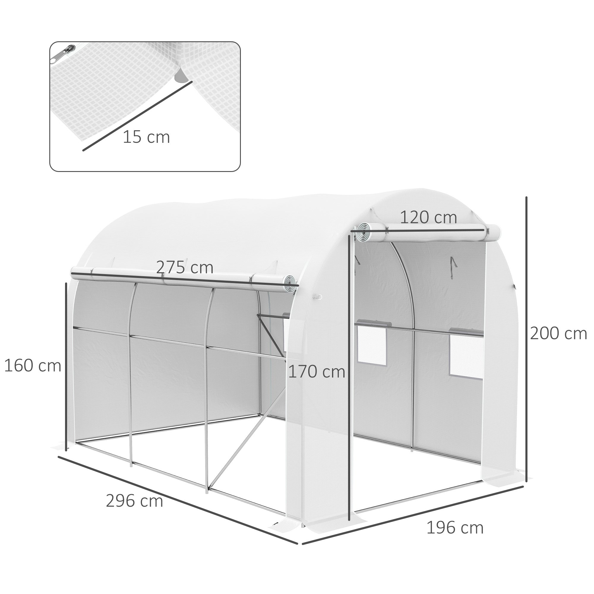 Outsunny 296 x 196cm Steel Frame Polytunnel Greenhouse - White 