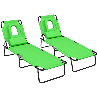 Outsunny Outdoor Foldable Sun Lounger Set of 2, 4 Level Adjustable Backrest Reclining Sun Lounger Chair with Pillow and Reading Hole, Green 