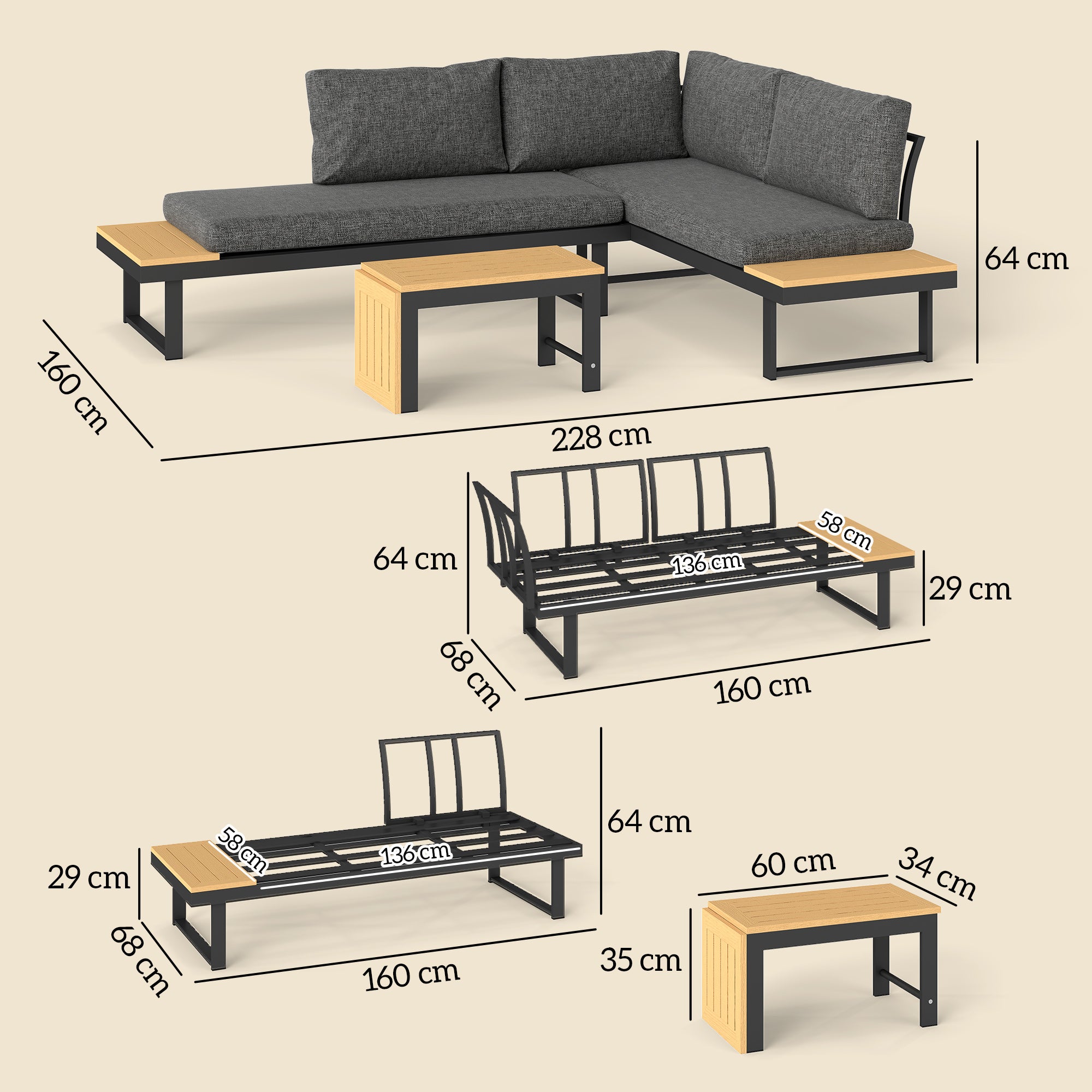 Outsunny 4 Seater L Shaped Aluminium Sectional Garden Furniture Set with 2 Loveseats and Wood-Plastic Coffee Table - Natural Wood 
