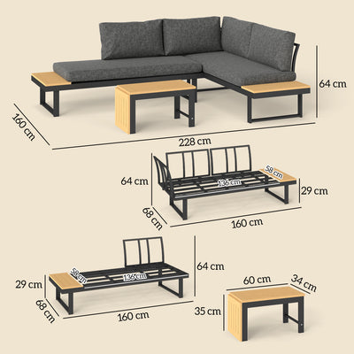 Outsunny 4 Seater L Shaped Aluminium Sectional Garden Furniture Set with 2 Loveseats and Wood-Plastic Coffee Table - Natural Wood 