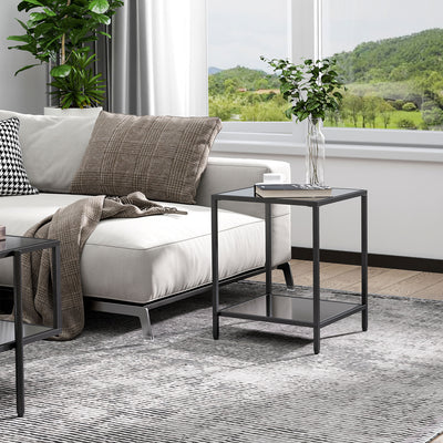 HOMCOM Side Table with Tempered Glass Top, End Table with 2-Tier Storage, Classic Accent Table with Steel Frame, Black 