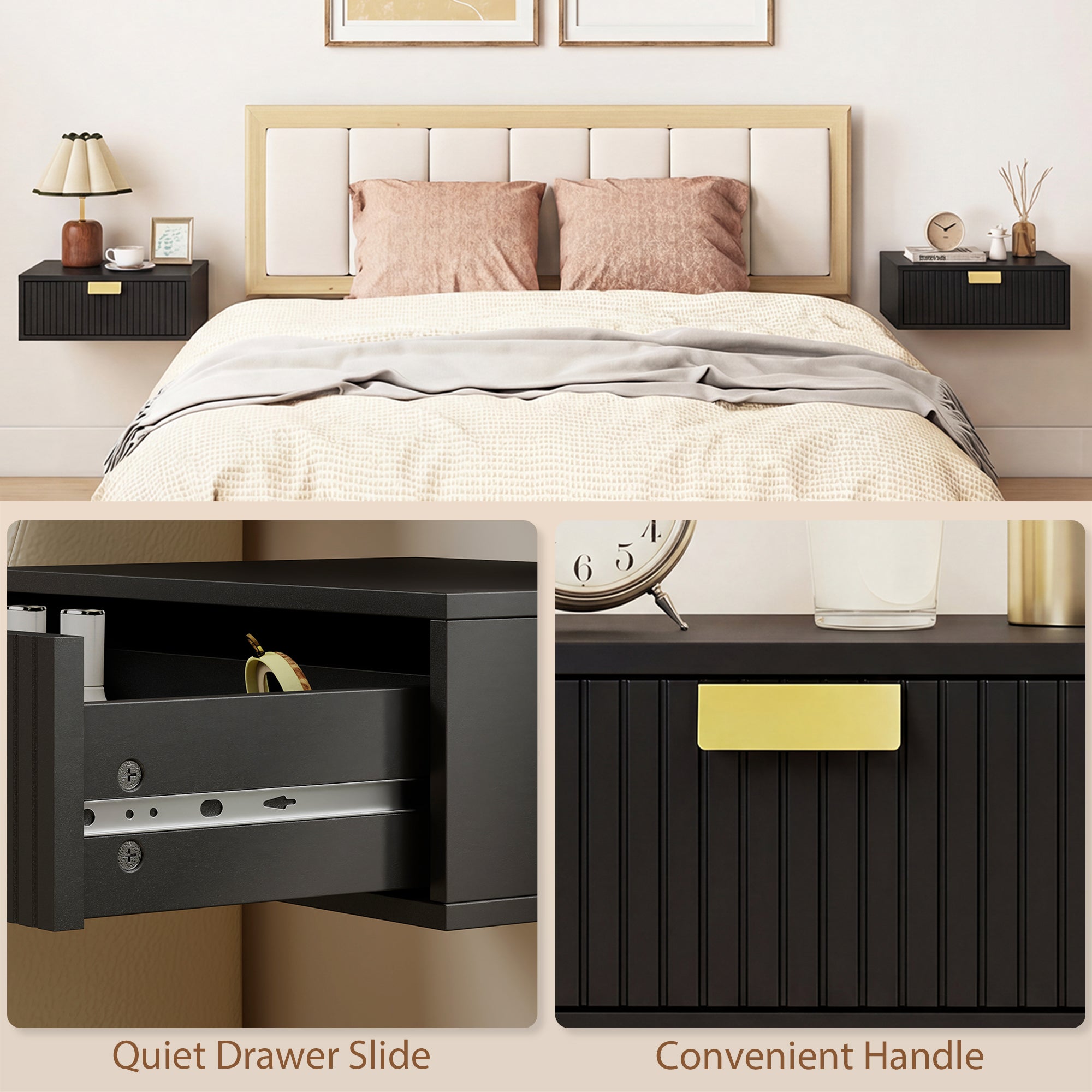 HOMCOM Modern Floating Nightstands Set of 2, Wall Mounted Bedside Tables with Wave Drawer Black 