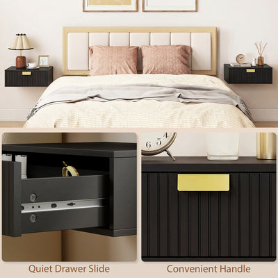 HOMCOM Modern Floating Nightstands Set of 2, Wall Mounted Bedside Tables with Wave Drawer Black 