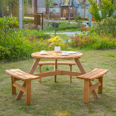 Outsunny 6 Seater Wooden Picnic Table and Garden Benches Set, Round Garden Dining Set with 3 Benches and Umbrella Hole Outdoor Garden Park, Brownish Red 