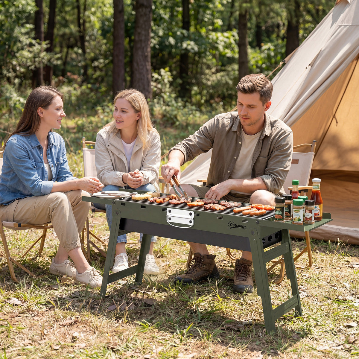 Outsunny Portable BBQ Grill, Foldable Charcoal Grill for Camping and Picnics with 2 Side Shelves and Handle, Green 
