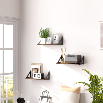 HOMCOM Set of 3 Wall Shelves, Vintage Wall Mounted Floating Shelves for Living Room, Entryway, Bedroom, Rustic Brown 
