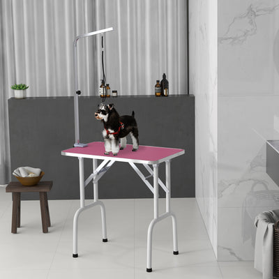 PawHut 32" Foldable Dog Grooming Table Pet Drying Beauty Table Adjustable Fixed Arm Rubber Top, Pink 