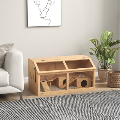 PawHut Hamster Cage, Wooden Small Animal Cage for Gerbils, Mice w/ Suspension Bridge, Openable Top, Hut, 85 x 45 x 44cm Nature 