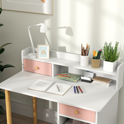 AIYAPLAY 2 Pieces Children Study Table with Hutch, Kids Desk and Chair Set with Storage Drawer, Shelves - Pink 