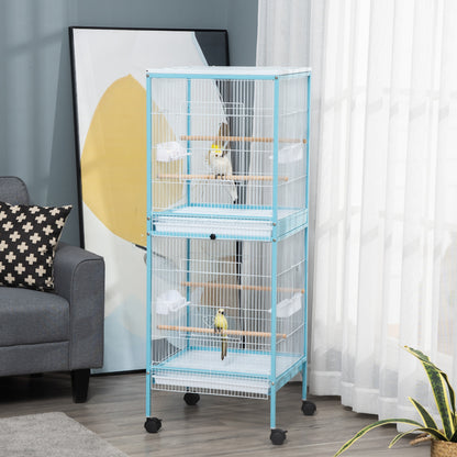 PawHut Bird Cage Budgie Cage 2 In 1 Large Aviary with Wheels Removable Trays for Finch Canaries Cockatiels Light Blue 