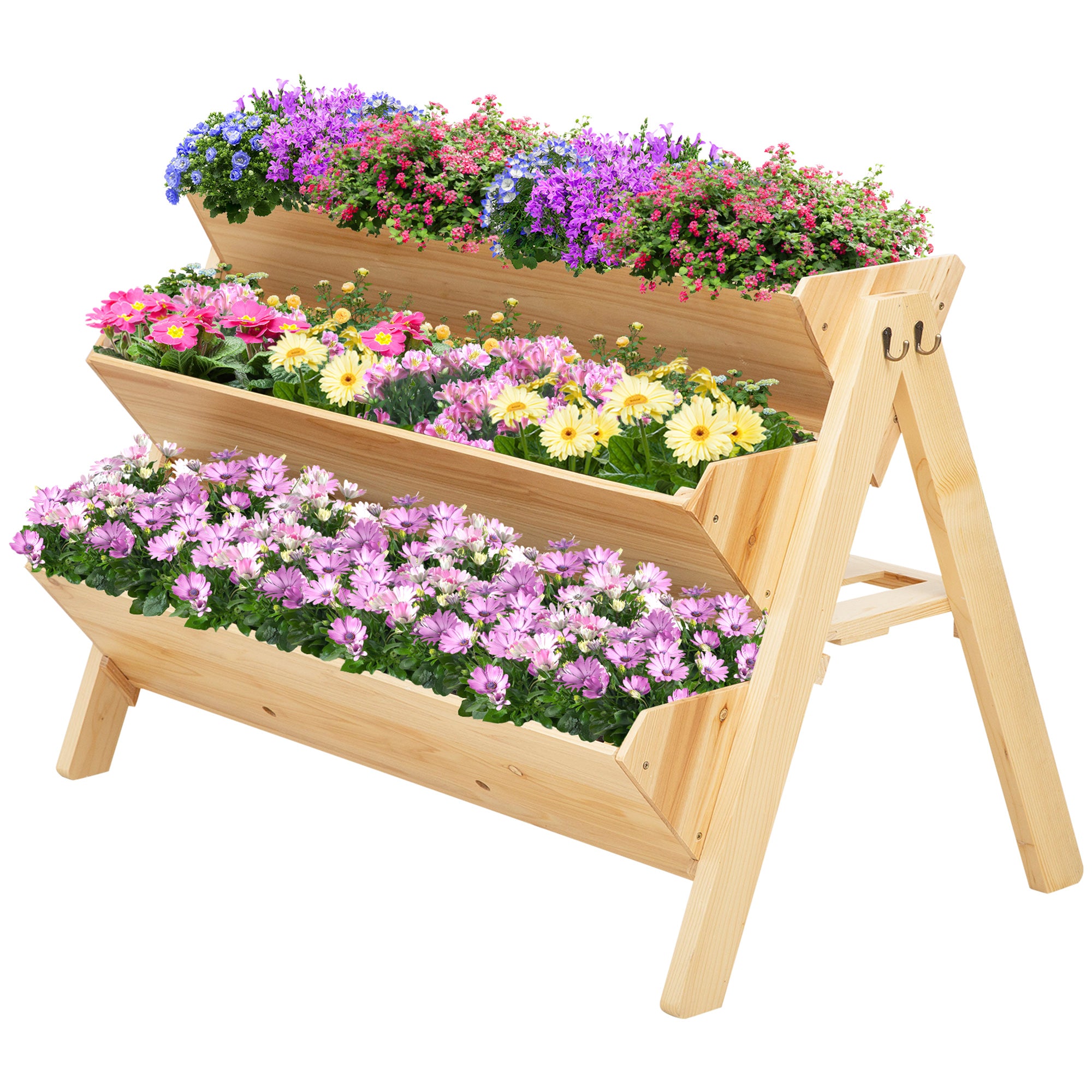 Outsunny 3 Tier Raised Beds for Garden, Wooden Planter Boxes with Clapboard and Hooks, 142L, 120 x 68 x 80cm 