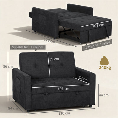 HOMCOM Loveseat Sofa Bed, Convertible Bed Settee with 2 Pillows, Side Pockets, Black 