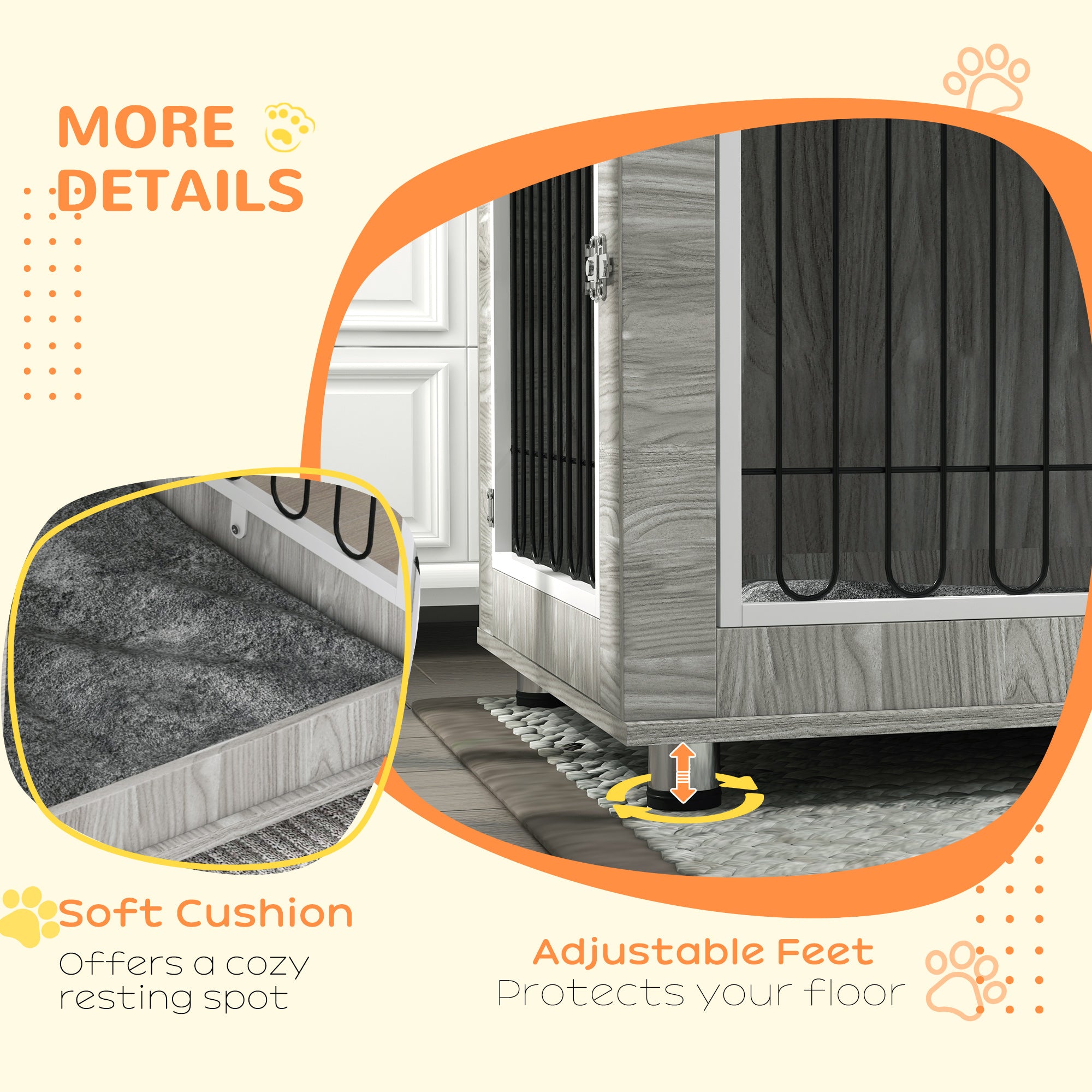 PawHut Indoor Dog Kennel w/ Soft Cushion, Double Door for Large Dogs, 106 x 74 x 81.5cm, Grey 