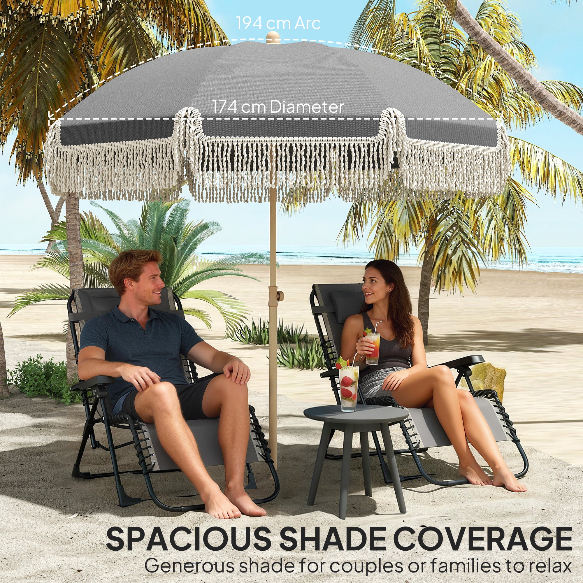 Outsunny 1.7 m Beach Umbrella with Sand Anchor, 30° Tilting Fringed Beach Garden Parasol with Adjustable Height, Grey 