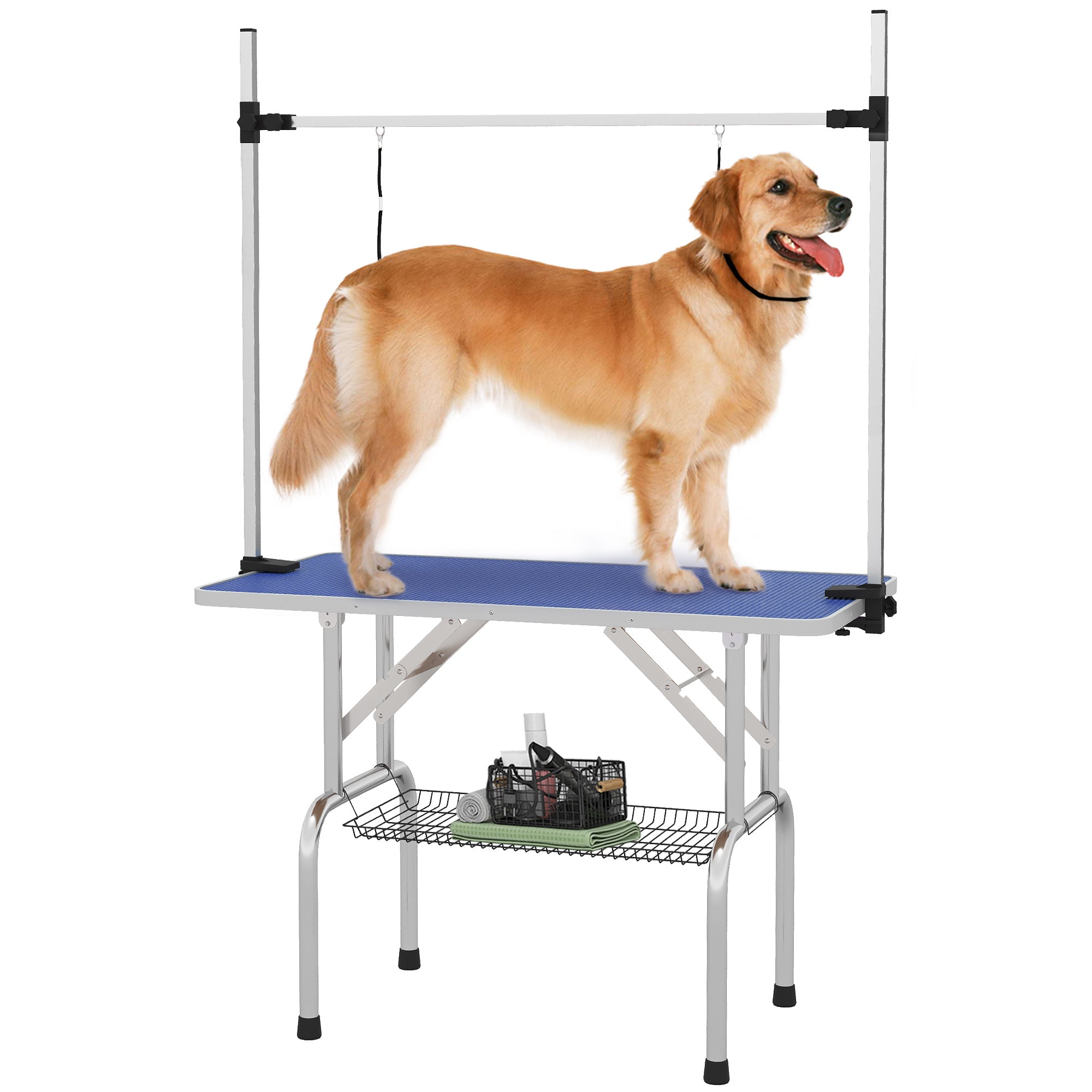 PawHut 42" Dog Grooming Table, Adjustable Pet Cat Drying Beauty Table with 2 Loops Storage Basket, Rubber Top, Blue 