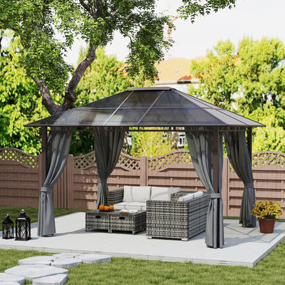 Outsunny 3 x 3.6m Hardtop Gazebo Canopy with Polycarbonate Roof Garden Pavilion with Removable Curtains and Steel Frame, Dark Grey 