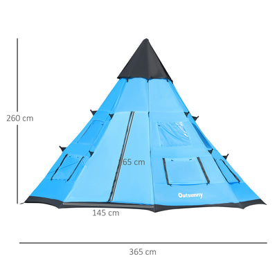 Outsunny 6 Men Tipi Tent, Camping Tent, Teepee Family Tent with Mesh Windows, Sewn-in Tent Floor, Two Doors and Carry Bag, Easy Set Up, for Hiking Picnics Outdoor Night, Blue 