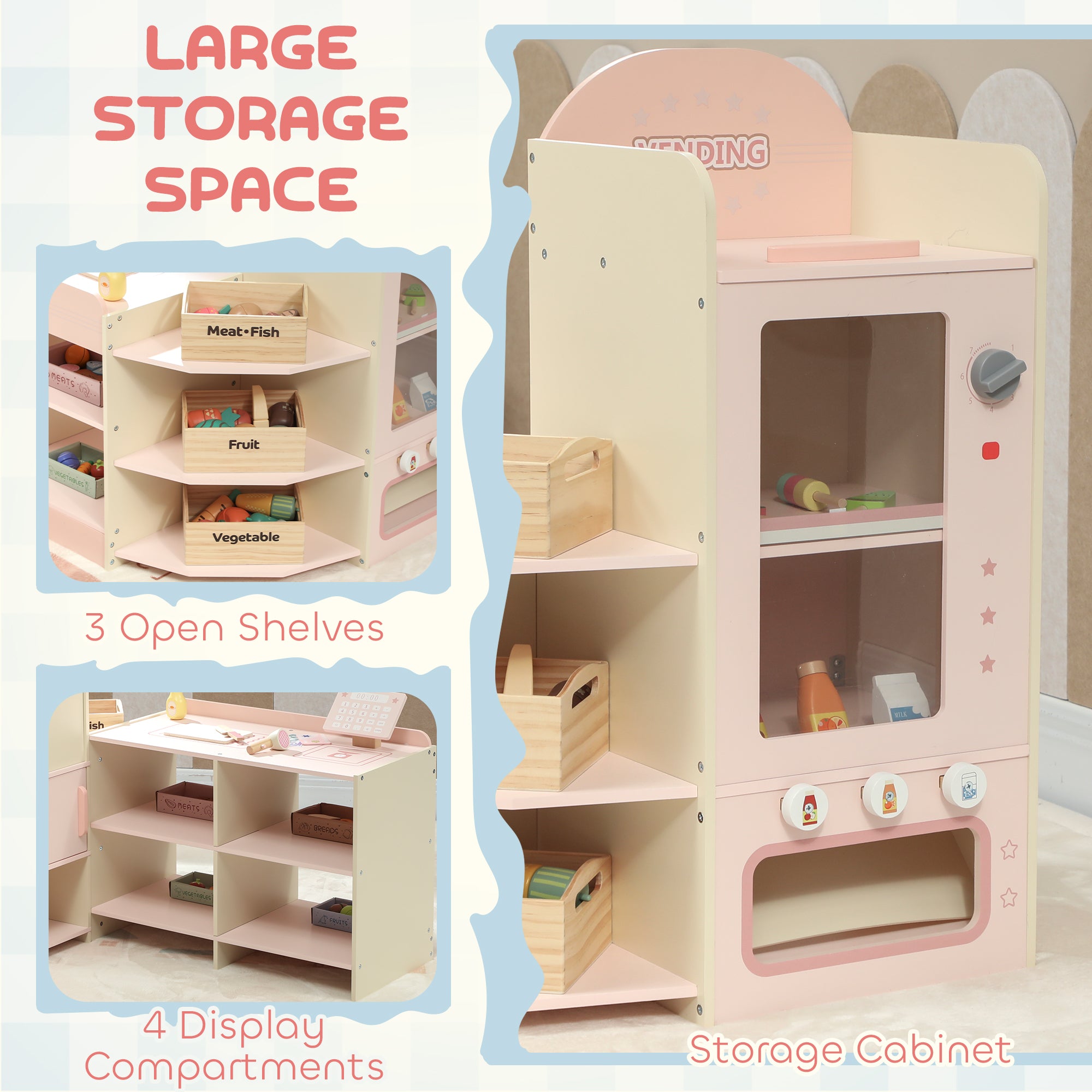 AIYAPLAY Kids Grocery Store, Children Supermarket Playset with Cash Register, Vending Machine, Display Shelves 