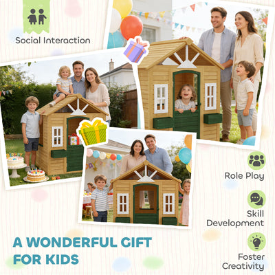 AIYAPLAY Outdoor Kids Playhouse, Wooden Wendy House with Door, 3 Windows, 2 Flower Boxes for Garden, Indoor Playroom 