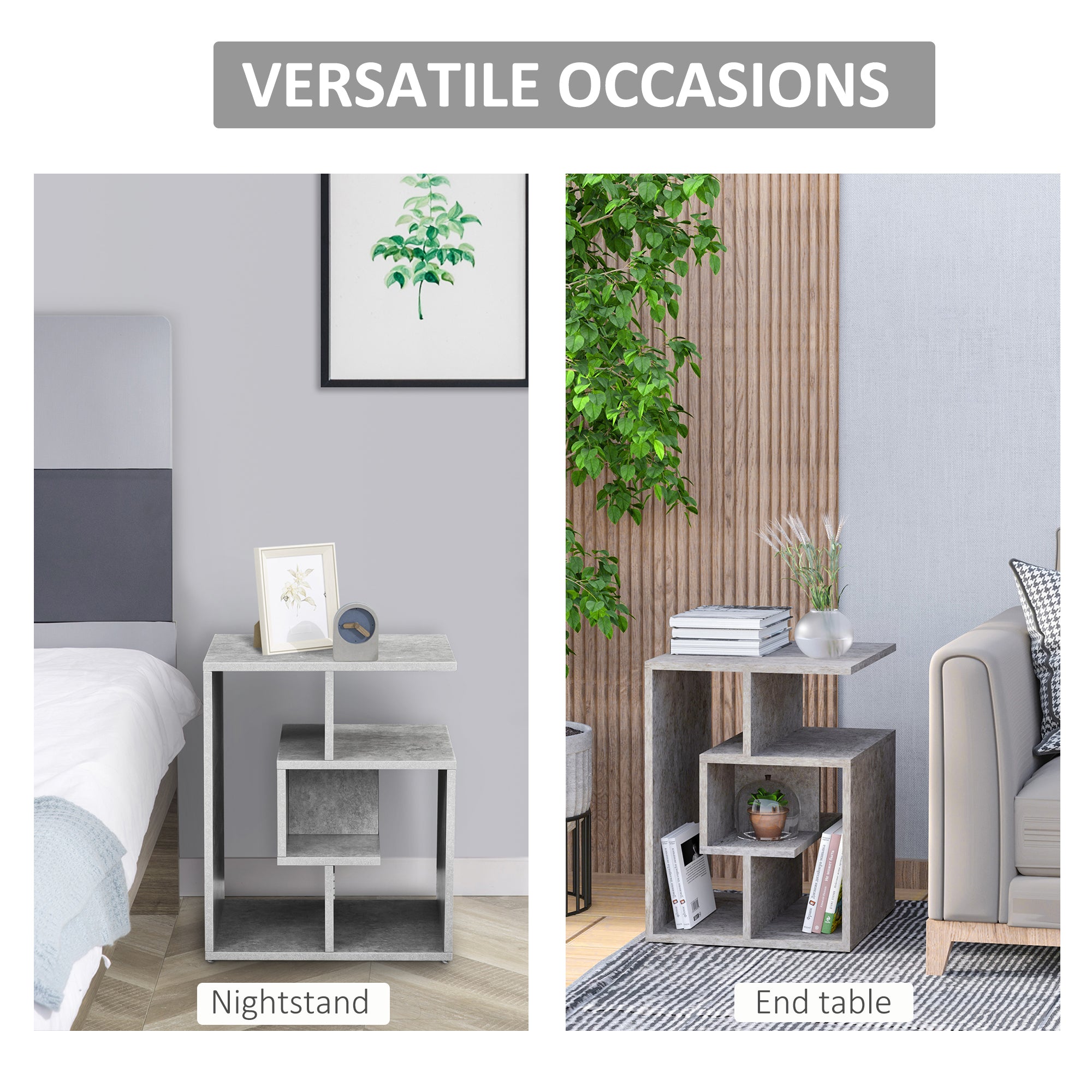 HOMCOM Side Table, 3 Tier End Table with Open Storage Shelves for Living Room, Bedroom, Cement Colour 
