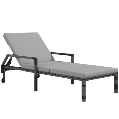 Outsunny Outdoor Sun Lounger, Rattan Wicker Chaise Recliner with 5-Level Adjustable Backrest and 2 Wheels 