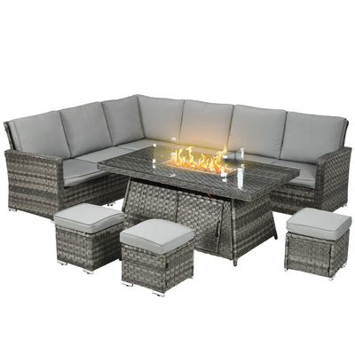 Outsunny Seven-Piece Firepit Table Rattan Sofa Set - Grey 