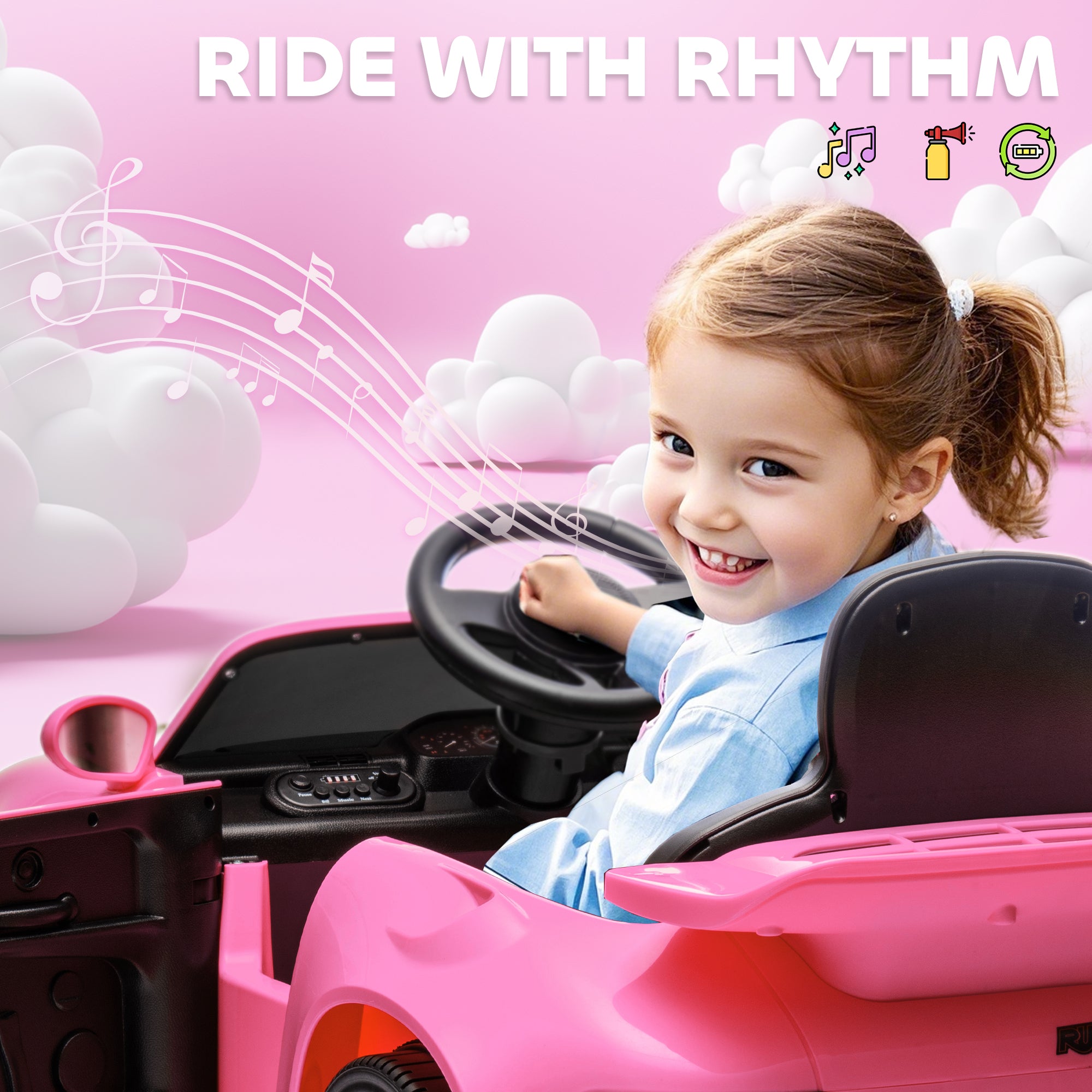 AIYAPLAY Licensed RUF CTR 2017 Electric Car for Kids, with Remote Control, Soft Start, MP3 Player, LED Lights, Pink