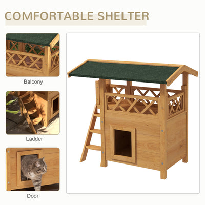 PawHut Cat House Outdoor w/ Balcony Stairs Roof, 77 x 50 x 73 cm, Natural Wood Finish 