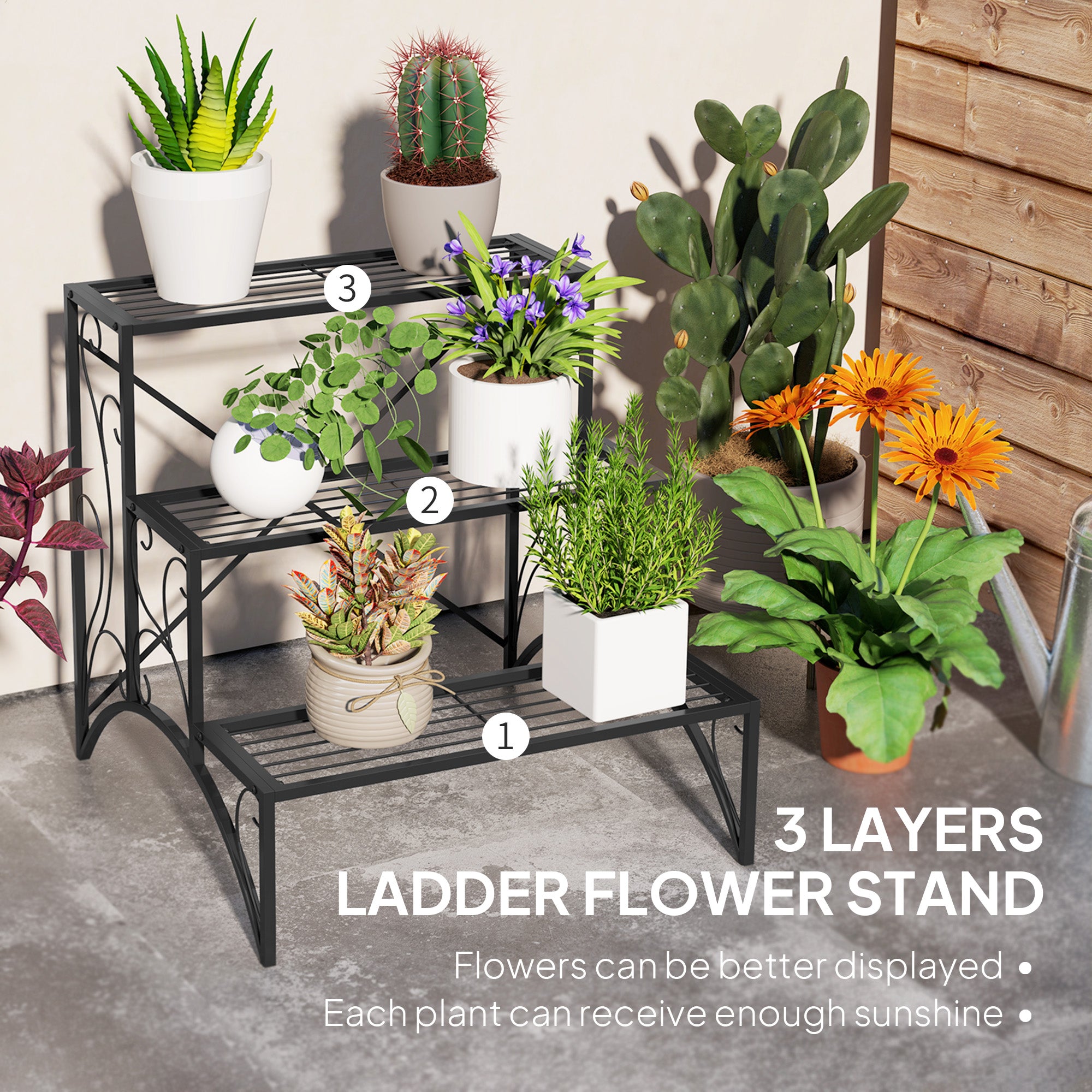 Outsunny Three-Tier Decorative Metal Plant Stand - Black