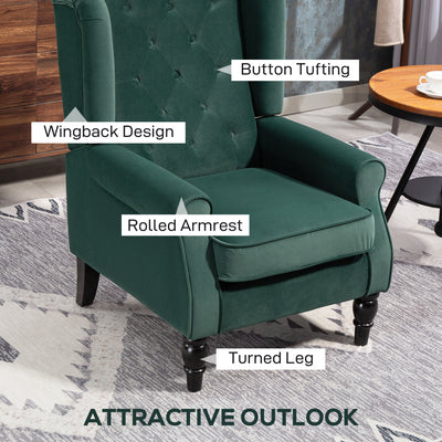 HOMCOM Wingback Accent Chair, Retro Upholstered Button Tufted Occasional Chair for Living Room and Bedroom, Green 