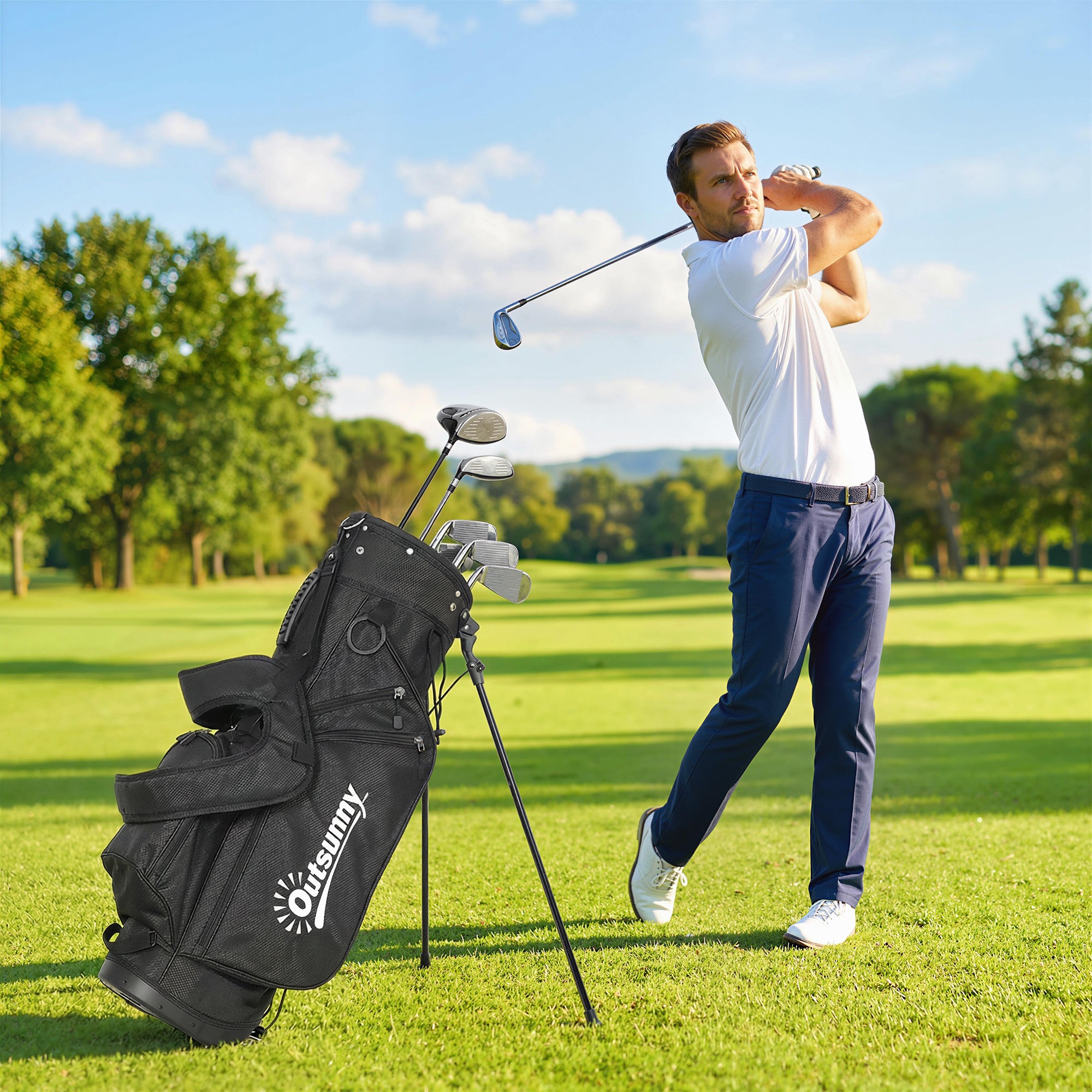 Outsunny Golf Stand Bag 6 Way Full-Length Dividers, Waterproof Golf Bag with 5 Pockets, Grey 