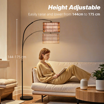 HOMCOM Rattan Floor Lamp for Living Room, Farmhouse Arc Standing Lamp with Dual-Layer Shade & Foot Switch, Height Adjustable Minimalist Tall Pole Lampshade for Bedroom, Office, Black 