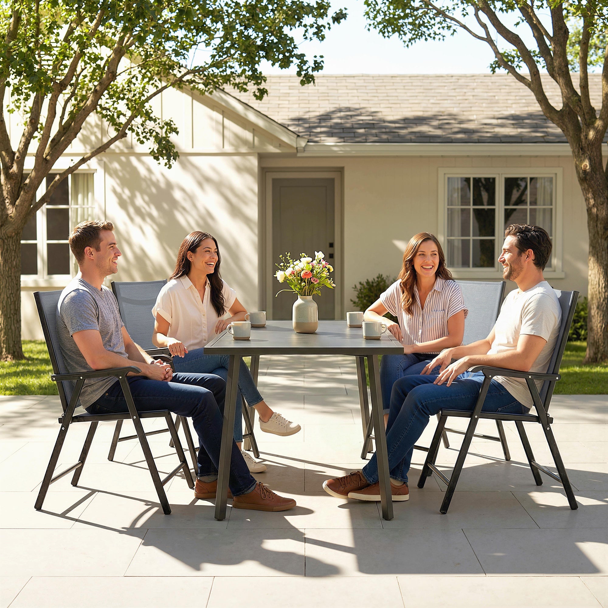 Outsunny Folding Garden Chairs Set of 4, Foldable Garden Dining Chairs with High Back, Armrests, Texteline Seat, Light Grey 