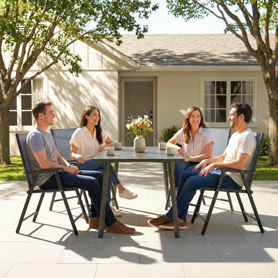 Outsunny Folding Garden Chairs Set of 4, Foldable Garden Dining Chairs with High Back, Armrests, Texteline Seat, Light Grey 