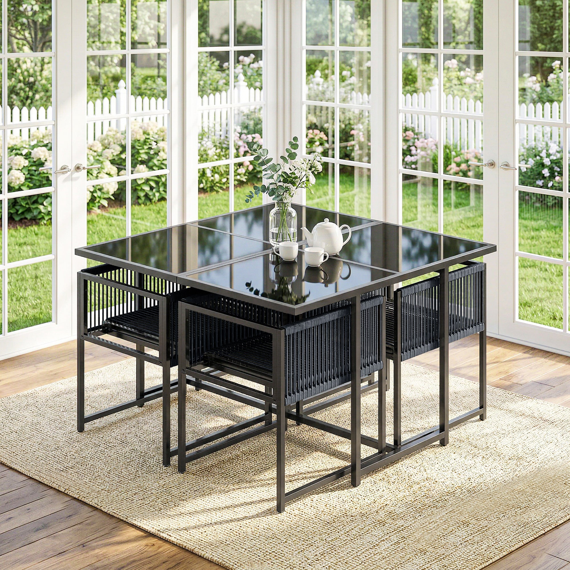 Outsunny 5 Pieces Garden Dining Set, Outdoor Patio Cube Set, 4 Seater Outdoor Table and Chairs with Foldable Backrest, Dark Grey 