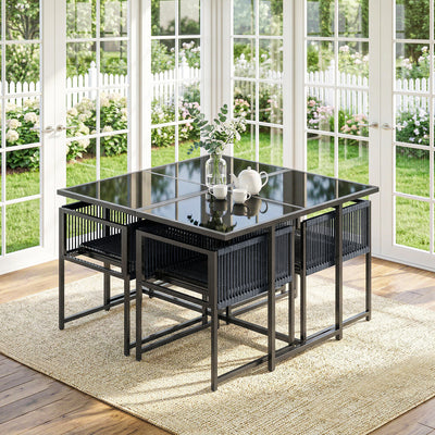 Outsunny 5 Pieces Garden Dining Set, Outdoor Patio Cube Set, 4 Seater Outdoor Table and Chairs with Foldable Backrest, Dark Grey 