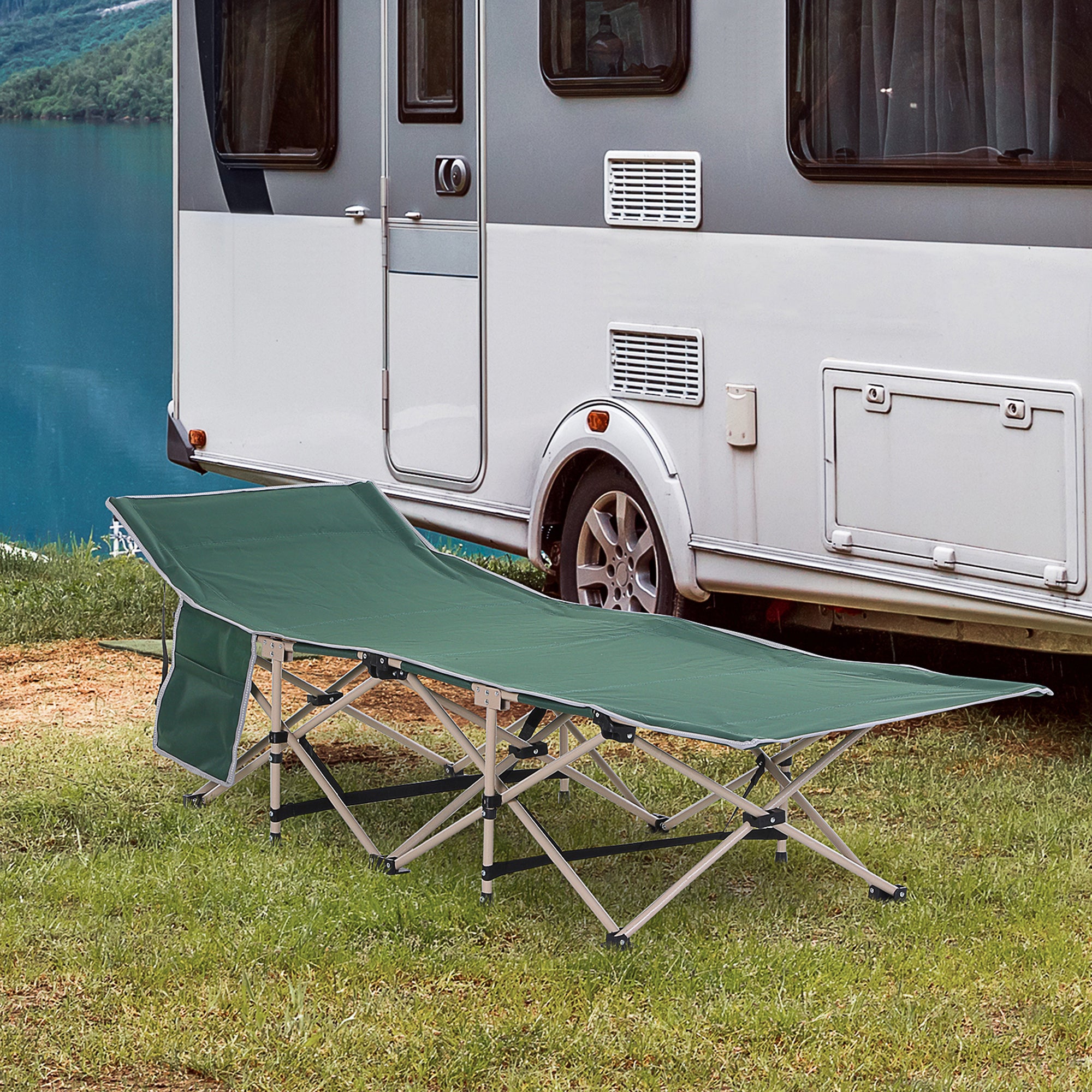 Outsunny Single Person Camping Bed Folding Cot Outdoor Patio Portable Military Sleeping Bed Travel Guest Leisure Fishing with Side Pocket and Carry Bag - Green 