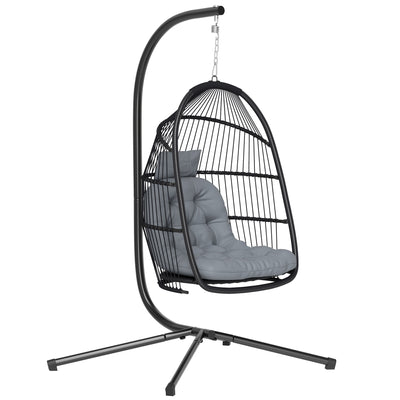 Outsunny Rattan Hanging Egg Chair with Stand, Foldable Wicker Swing Egg Chair with Cushion, Head Pillow, Steel Frame, Hammock Chair for Indoor Outdoor, Capacity 150 kg, Dark Grey 