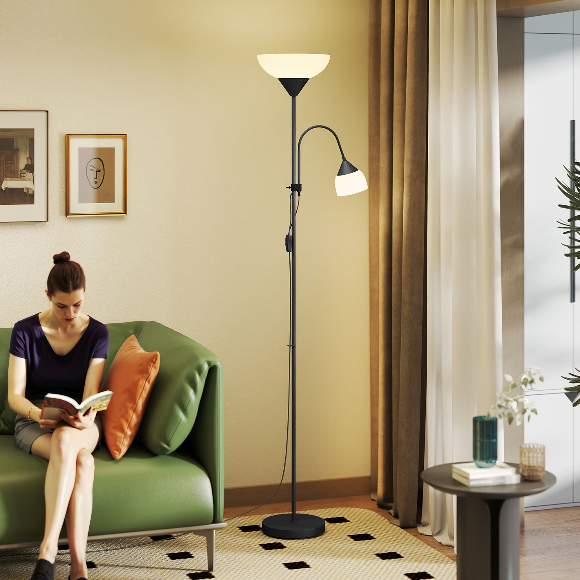 HOMCOM LED Floor Lamp for Living Room, 180cm Tall Standing Lamp, Mother and Child Uplighter with Adjustable Gooseneck, Black